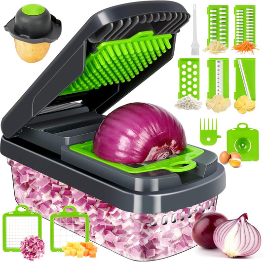 7 interchangeable sharp blades (dicing 14mm and 6.5mm, wave slicer, cheese grater 4mm, fine mill 3mm, slicer)