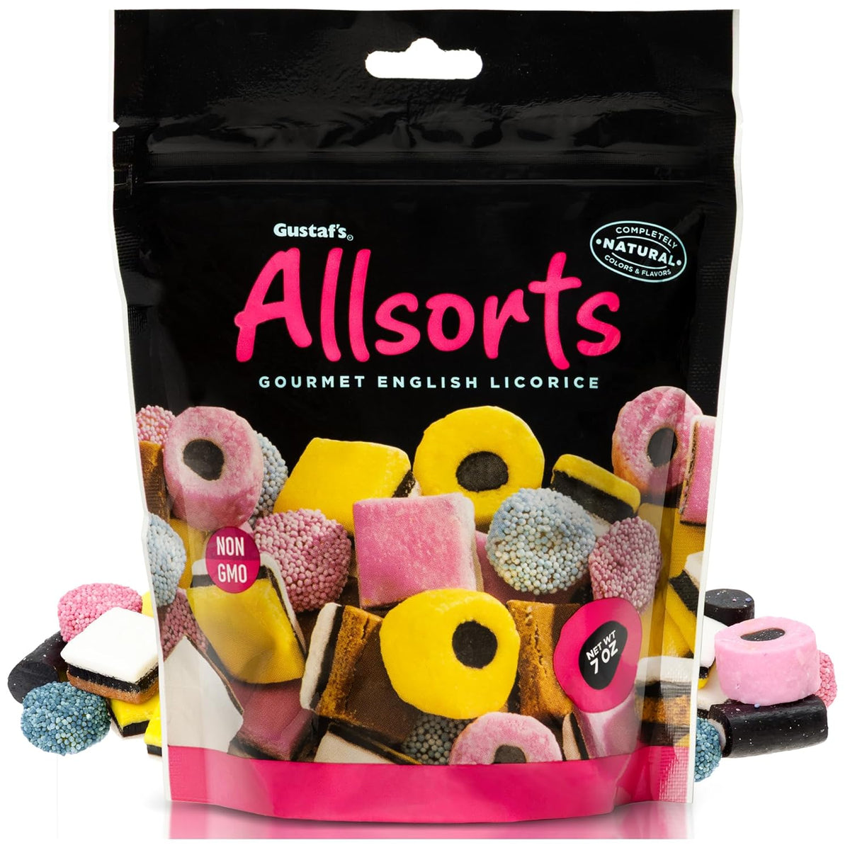 7 oz resealable bag with three licorice varieties: jelly buttons, licorice sandwiches, and coconut rolls