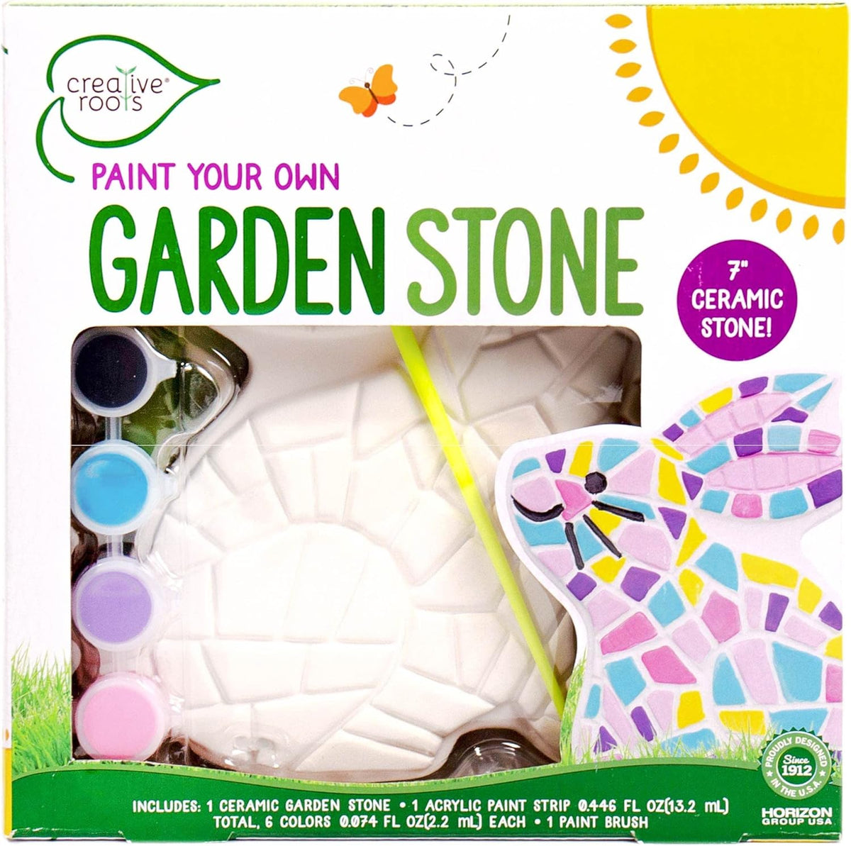 7" x 1" x 7" ready-to-paint ceramic garden stone with embossed mosaic design (bunny, handprint, sun, ladybug, butterfly, flower, turtle, hedgehog, unicorn, heart, rainbow, axolotl)