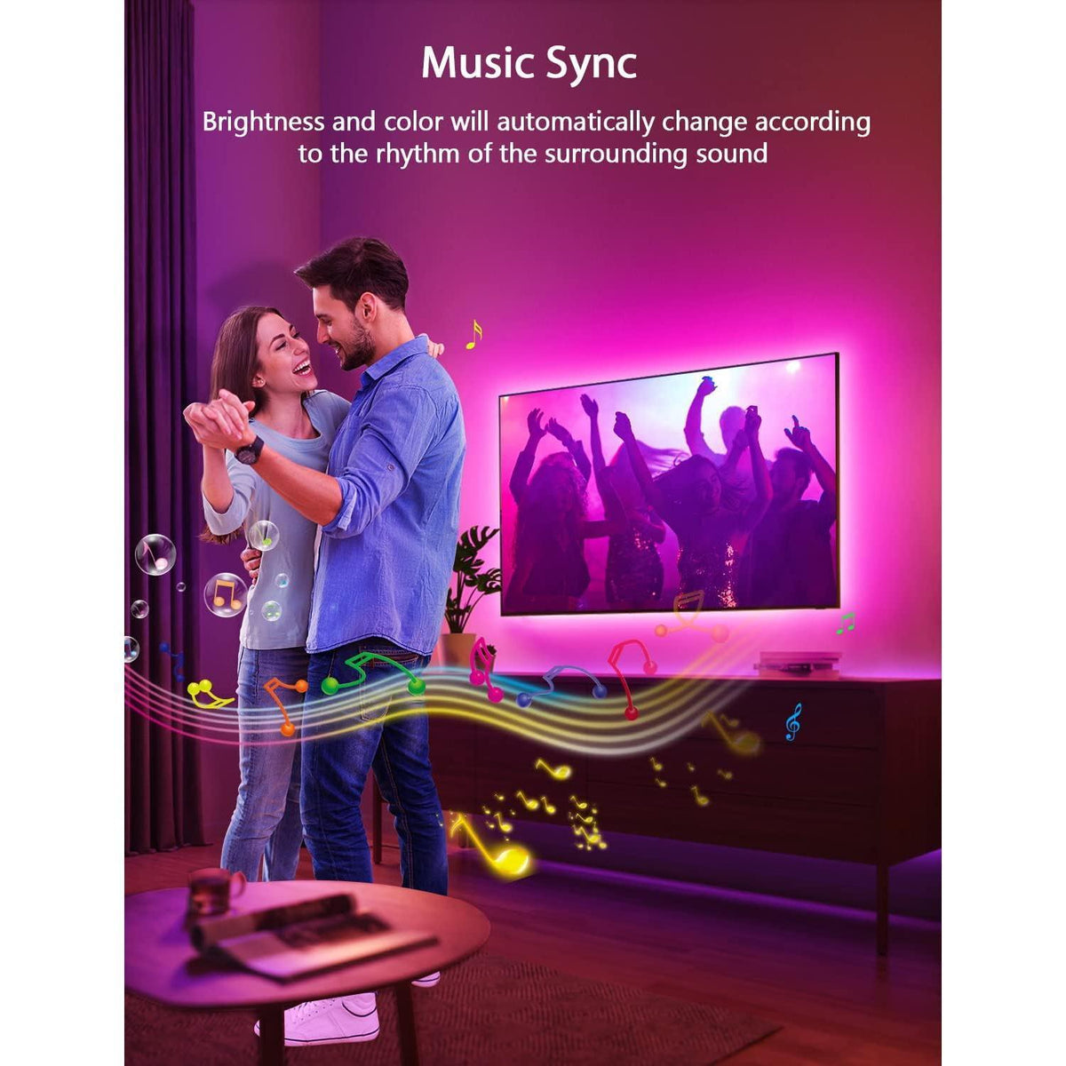 72 led beads over 13.1ft strip with multiple dynamic mode patterns and 16.4ft variant for 55-70 inch tvs
