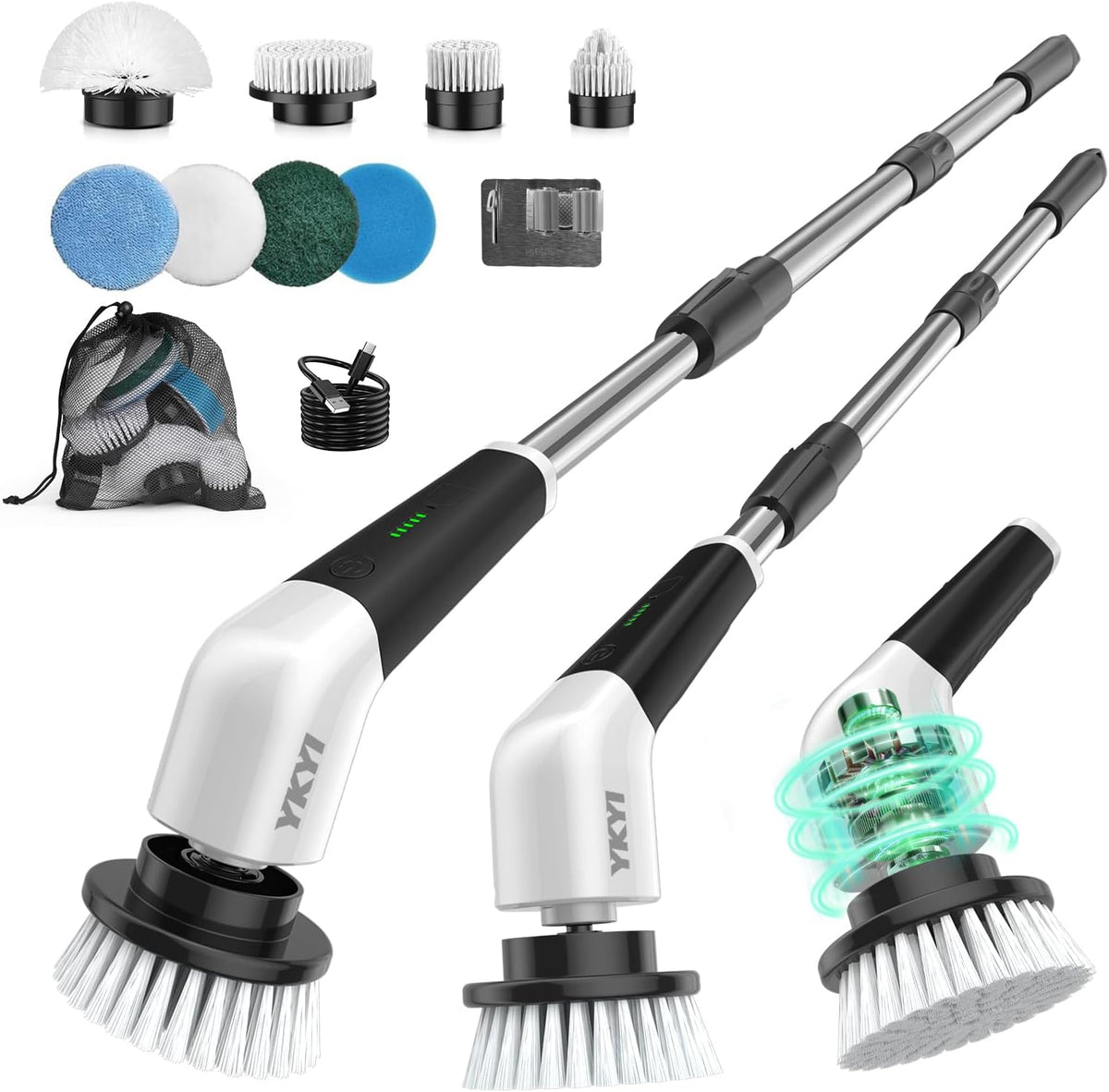 8 interchangeable brush heads for tubs, tile, grout, glass, sinks, corners and car wheels