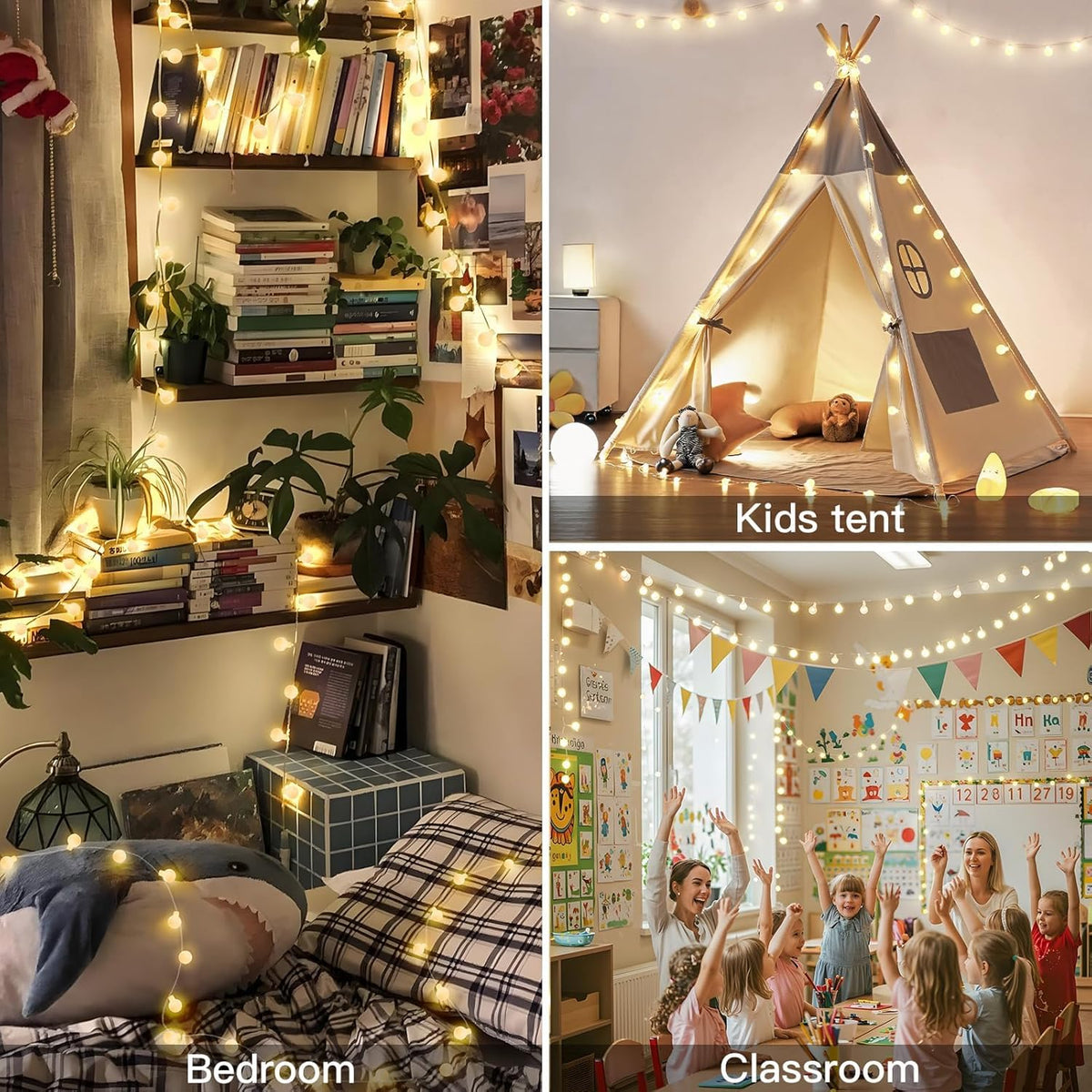 8 lighting modes including steady glow and twinkle, controlled via included remote