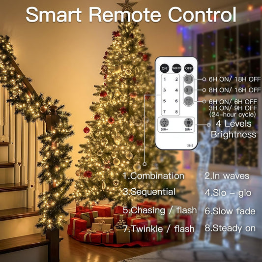 8 lighting modes including steady on, twinkle, slow fade, and sequential flash
