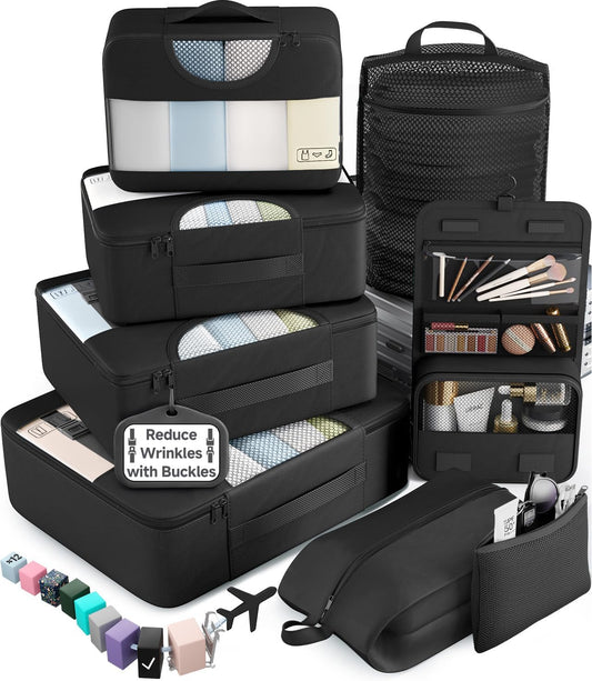 8-piece set including extra-large cube, large cube, medium cube, small cube, shoe bag, laundry bag, hanging toiletry bag, and passport wallet