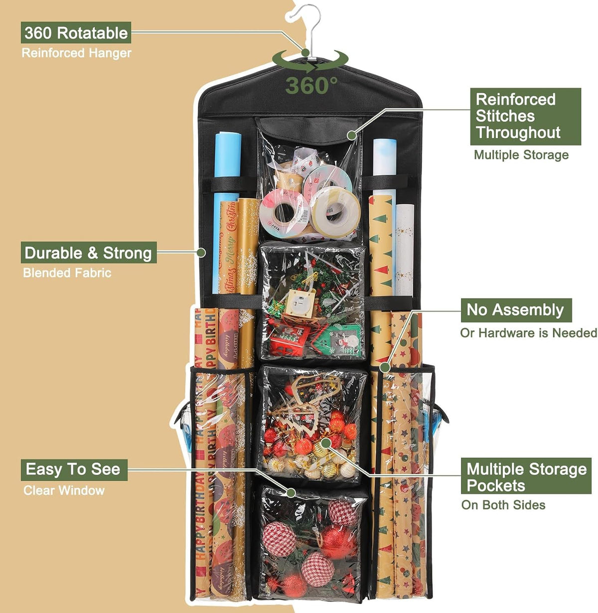 8 varied-size front pockets plus 2 large back pockets for total of 10 storage compartments