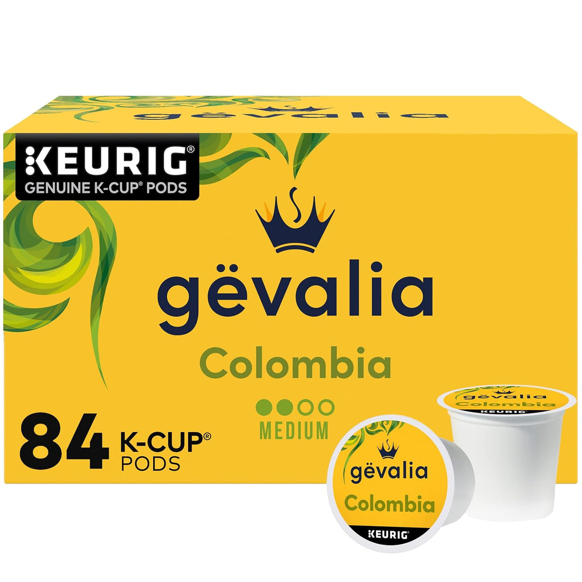 84 k-cup pods per box in a protective container with 365-day shelf life