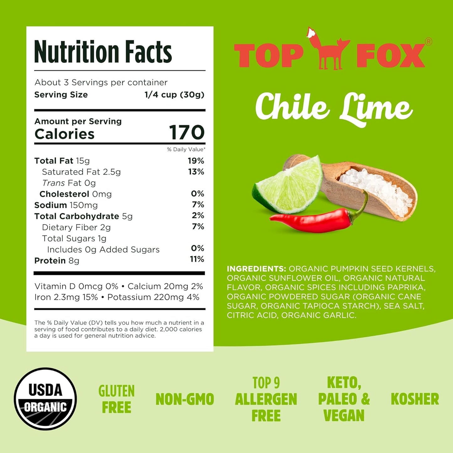 8g plant protein, 3g net carbs, 1g sugar per serving for keto/paleo/vegan compliance