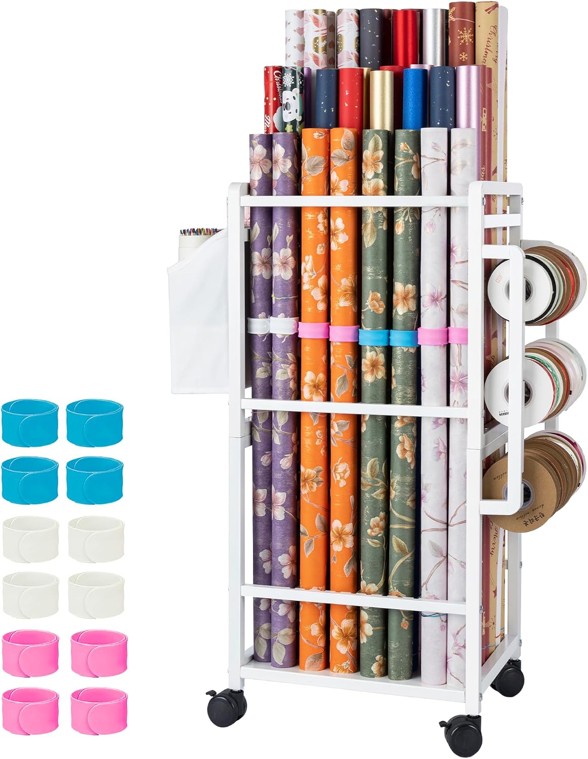 9 adjustable rods that hold 30+ standard wrapping paper rolls