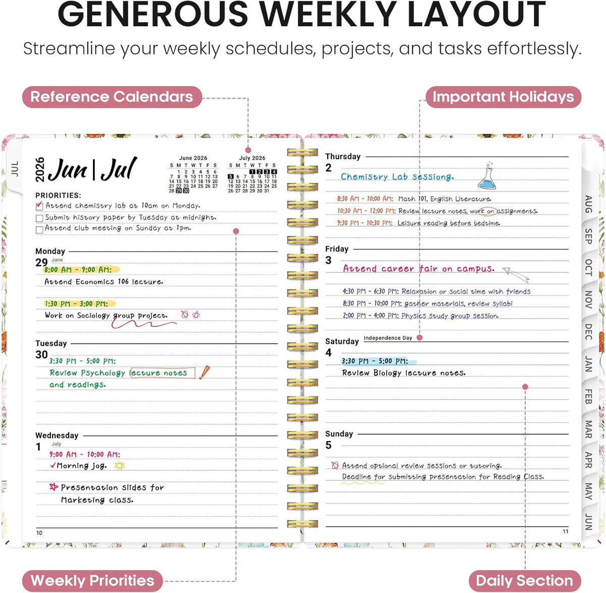 9 dedicated notes pages for ideas, reminders, and supplementary information