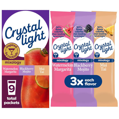 9 single-serve .13 oz powder packets per box (3 each of watermelon margarita, blackberry mojito, mai tai)
