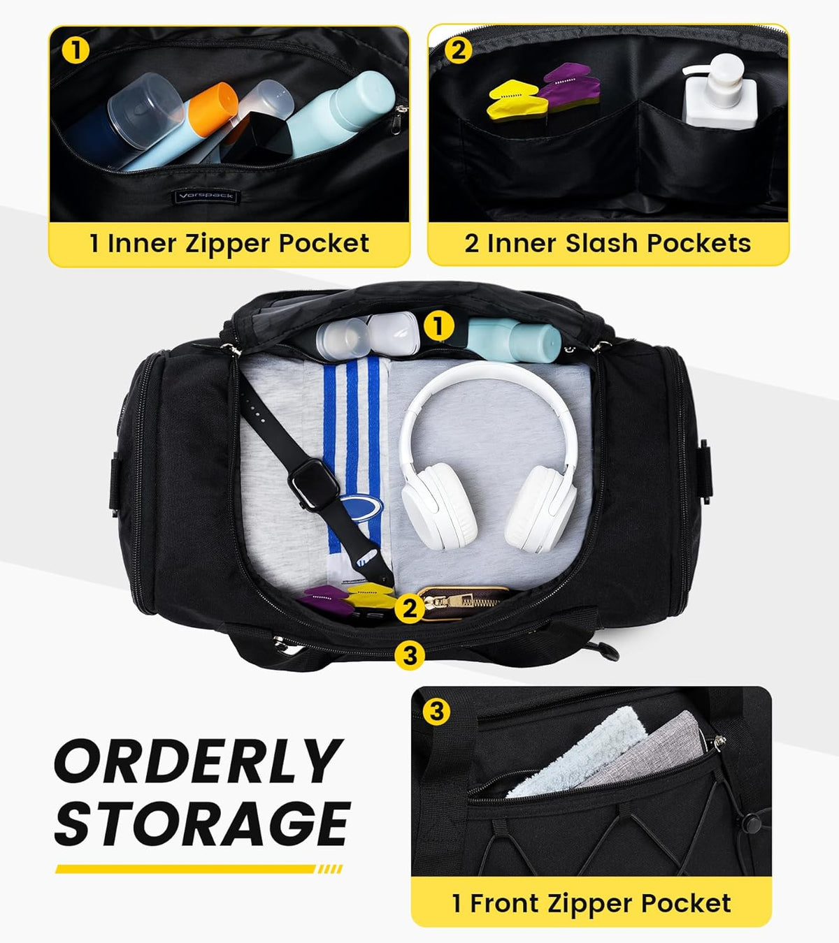 9 total pockets: main, 2 internal slash pockets, 1 internal zip pocket, front zip pocket, towel zip pocket, 2 side mesh bottle pockets