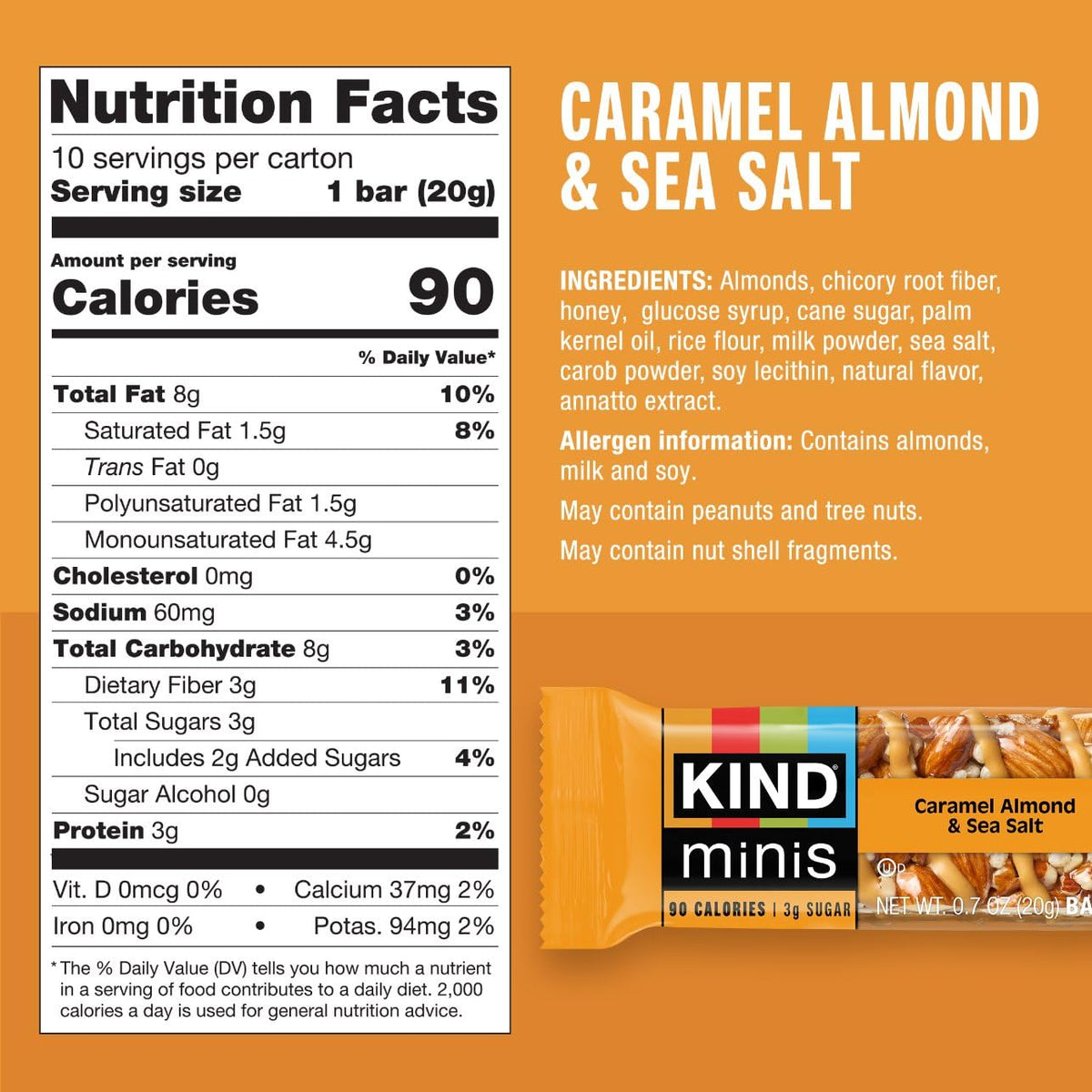 90 calories, 3g sugar, and 0g trans fat per mini bar