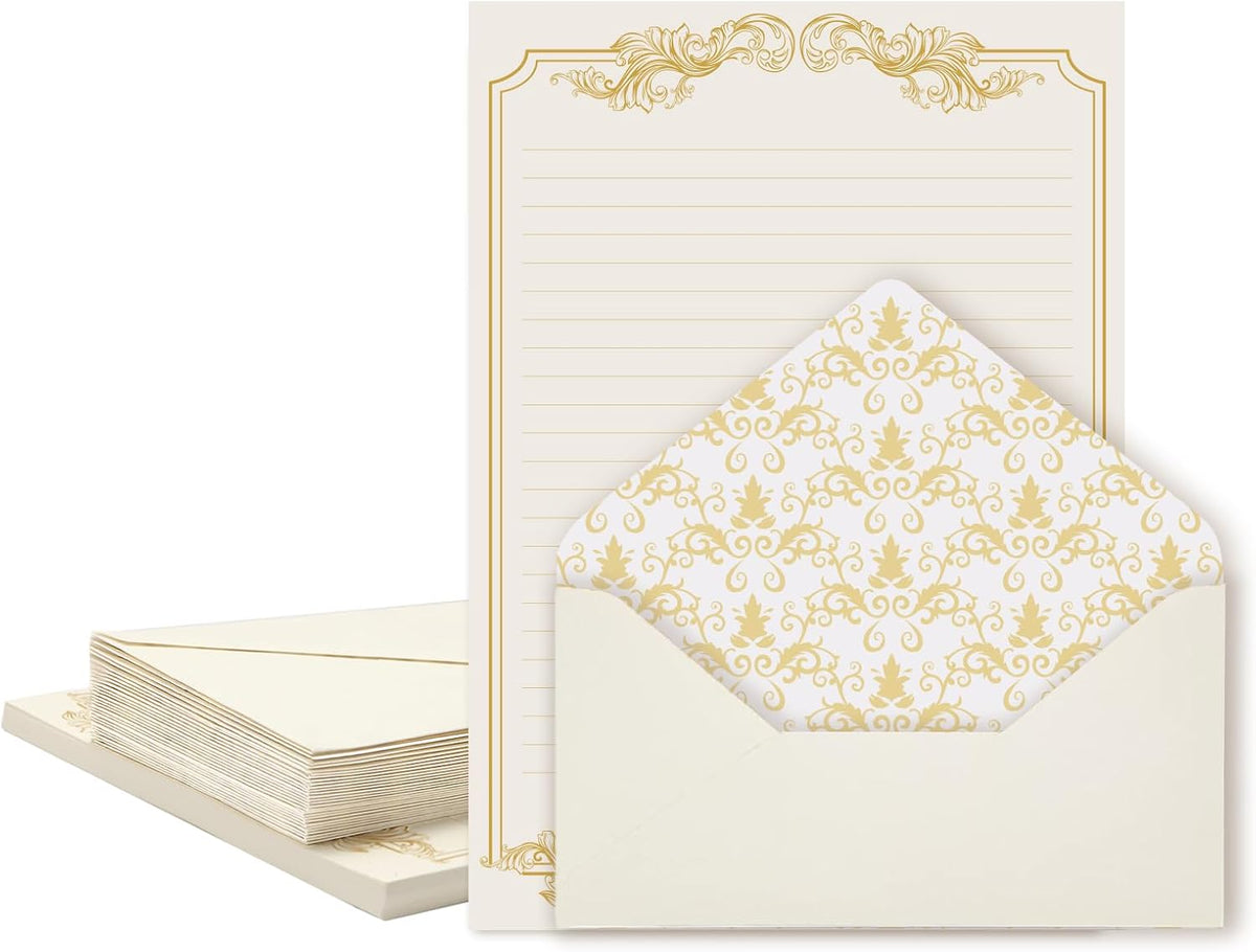 90-piece set containing 30 vintage-style letter sheets and 60 matching envelopes