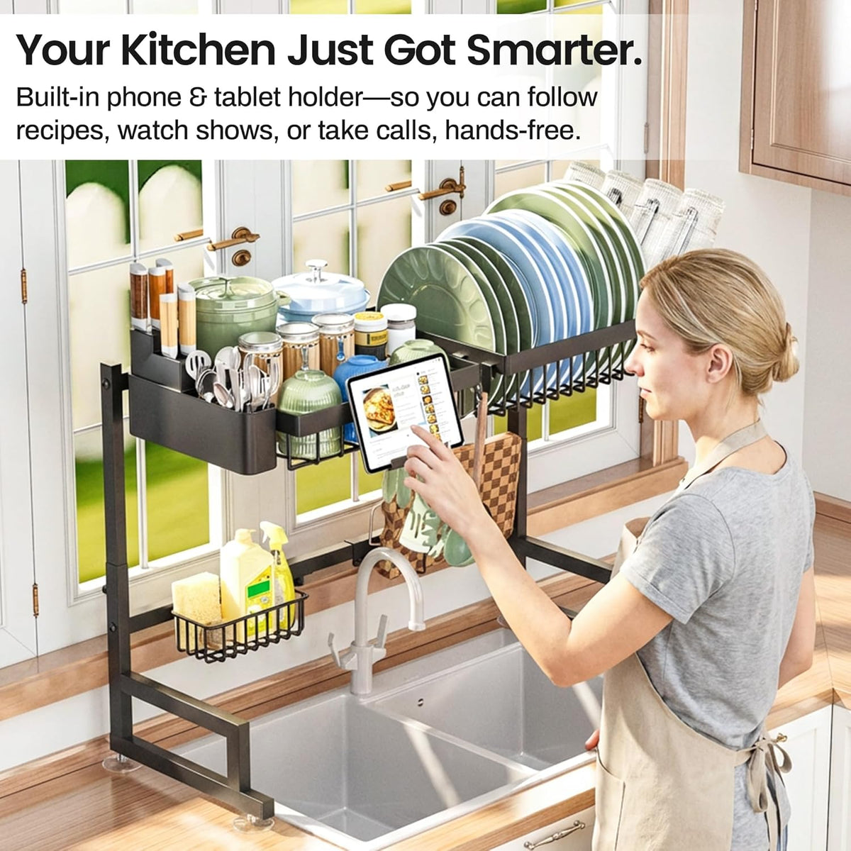 ADBIU Over The Sink Dish Drying Rack – Modern Black Metal Accent for Contemporary Kitchen Interiors
