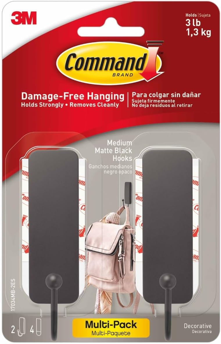 adhesive 3m command strips rated to hold up to 3 lb per hook