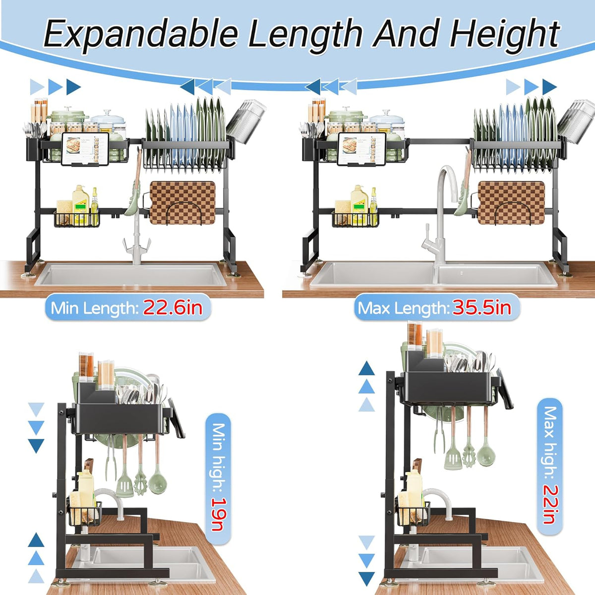 adjustable height from 19 inches to 22 inches for overhead cabinet clearance