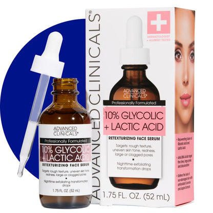 Advanced Clinicals Exfoliating 10% Glycolic Acid Serum For Face + Lactic Acid | Facial Exfoliant AHA + Salicylic Acid Serum To Improve Look Of Large Pores, Uneven Skin Tone, &amp;amp; Dark Spots, 1.75 FL Oz