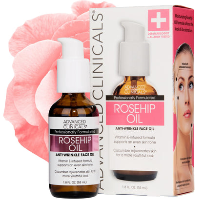 Advanced Clinicals Rosehip Oil For Face With Vitamin E + Botanicals Helps Improve Look Of Dark Spots, Wrinkles, Fine Lines, &amp;amp; Uneven Looking Skin Tone | Moisturizing Skin Care Face Serum, 1.8 Fl Oz