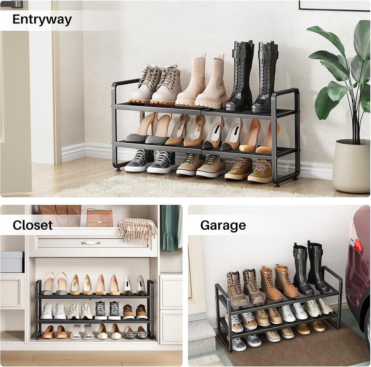 Aero Stiletto Tower – Daily-Outfit Shoe Organizer for Bedroom, 2-Tier Expandable Storage in Black