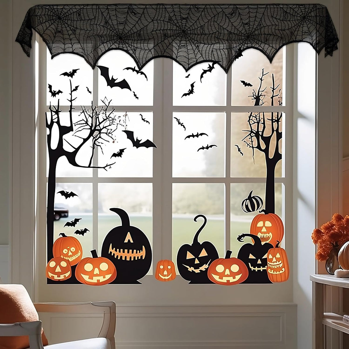 AerWo Spiderweb Lace Mantle Cover – Halloween & Fall Harvest Decor for Fireplace, Bedroom, and Reading Nook, 18 x 96 Inch
