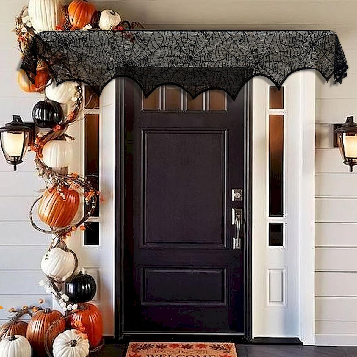 AerWo Spiderweb Lace Mantle Cover – Halloween & Fall Harvest Decor for Fireplace, Bedroom, and Reading Nook, 18 x 96 Inch