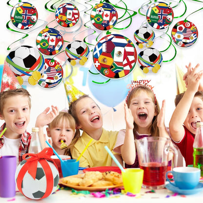 AhfuLife Soccer Hanging Swirls 24pc – Kids Birthday Party Decor, Safe Ceiling Hangings for Playroom Setup