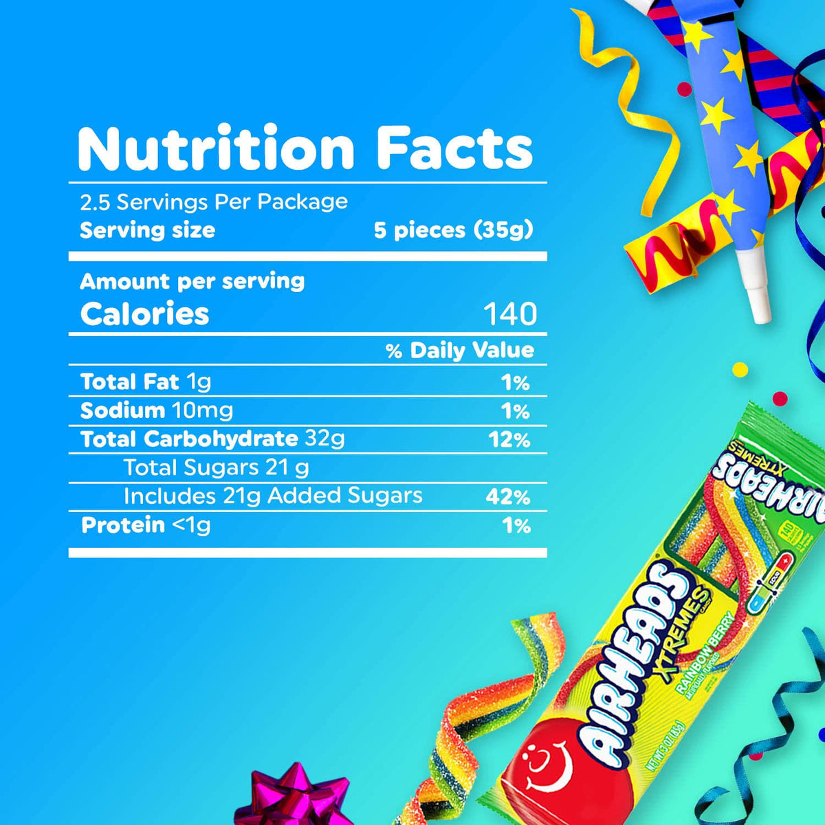 Airheads Xtremes Belts Blue Raspberry Sour Candy, 18 Count Bulk Box of Individually Wrapped 2 oz Chewy Belts – Lunchbox Snack and Birthday Party Favor for Kids