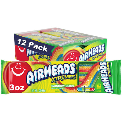 Airheads Xtremes Belts, Rainbow Berry Flavor, Easter Candy, Easter Basket Essentials Stuffers for Kids and Adults, Chewy, 3 Ounces (12-Pack)