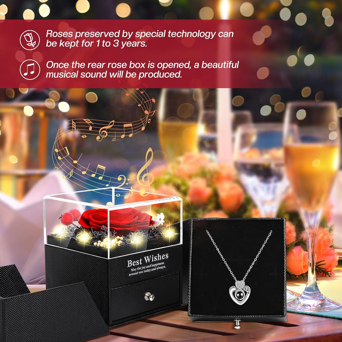 all-inclusive packaging: preserved rose, gift box, necklace, gift bag, and greeting card
