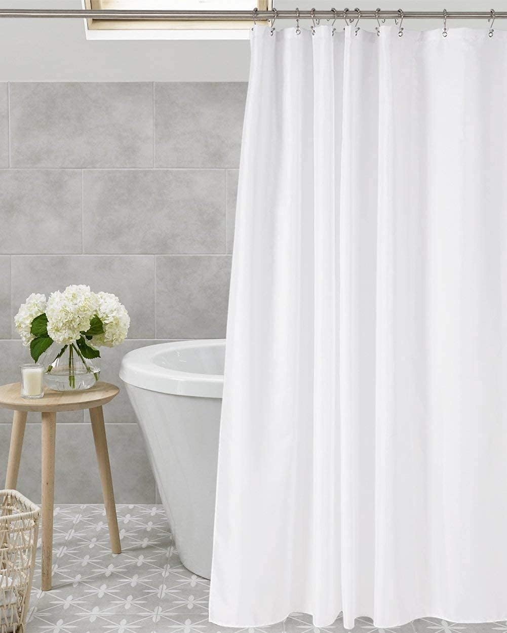 Amazer White Fabric Shower Curtain 2-in-1 – Clean Minimalist Bathroom, No Plastic Liner Needed
