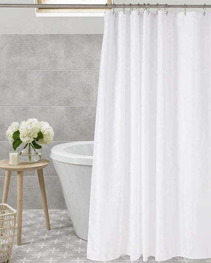 Amazer White Fabric Shower Curtain 2-in-1 – Clean Minimalist Bathroom, No Plastic Liner Needed