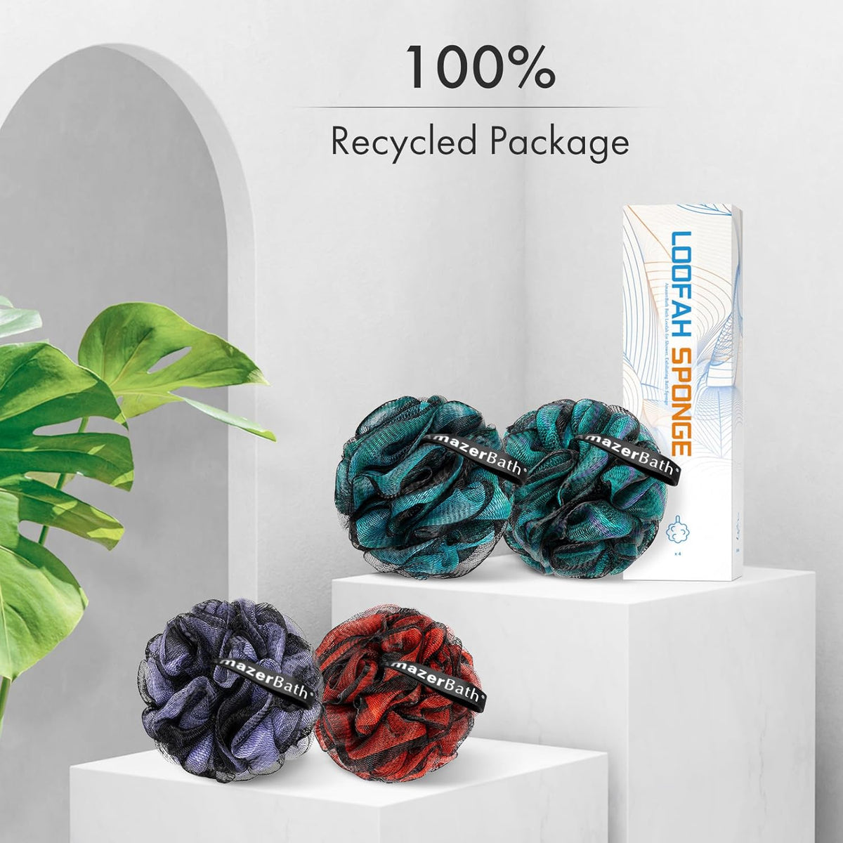 AmazerBath Charcoal Loofah Sponge – Simple 4-Pack Shower Sponge for an Uncluttered Bath Routine