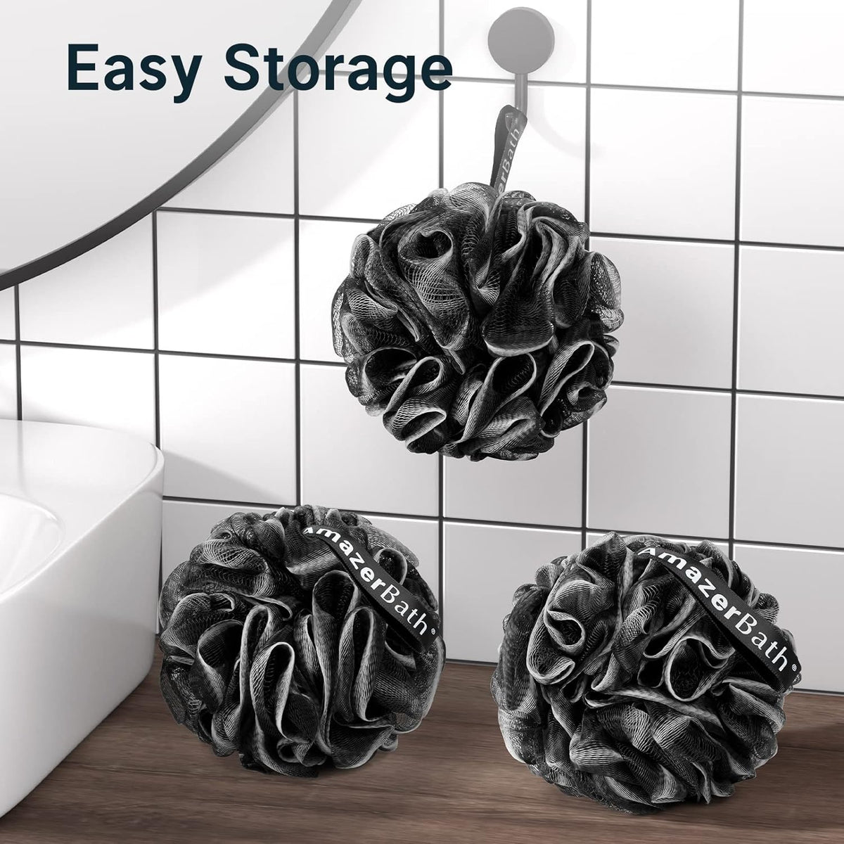 AmazerBath Loofah Sponge Set of 3 – Three-Sponge Minimalist Shower Kit for Clutter-Free Bathrooms