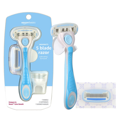 Amazon Basics 5-Blade Extra Smooth Razor for Women with Moisturizing Strips, Handle, 2 Cartridge Refills &amp;amp; Shower Holder (Previously Solimo)
