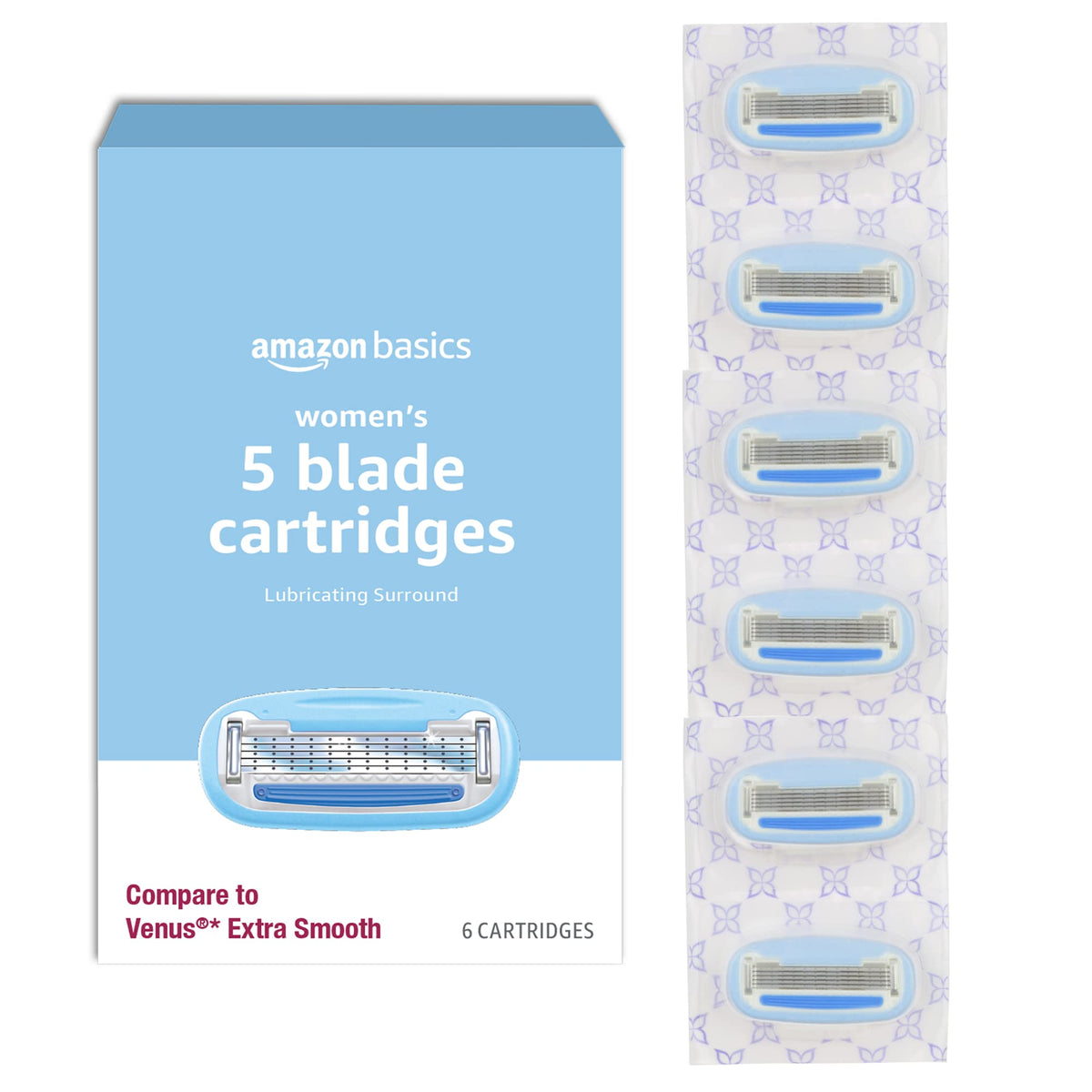 Amazon Basics 5-Blade Razor Refills for Women with Comfort-Coated Blades, Moisture Lubrication, Hypoallergenic, 6 Count (Fits Amazon Basics Razor Handles Only) (Previously Solimo)
