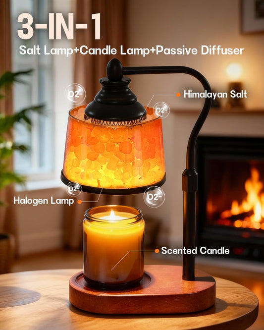 amber glass globe filled with authentic himalayan salt crystals mounted on a walnut wood base