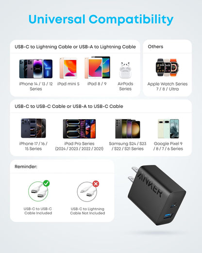 Anker Dual Port USB C Charger – Holiday Gift for iPhone Users, 2-Pack Wall Charger Set in Black, White, Purple, Green