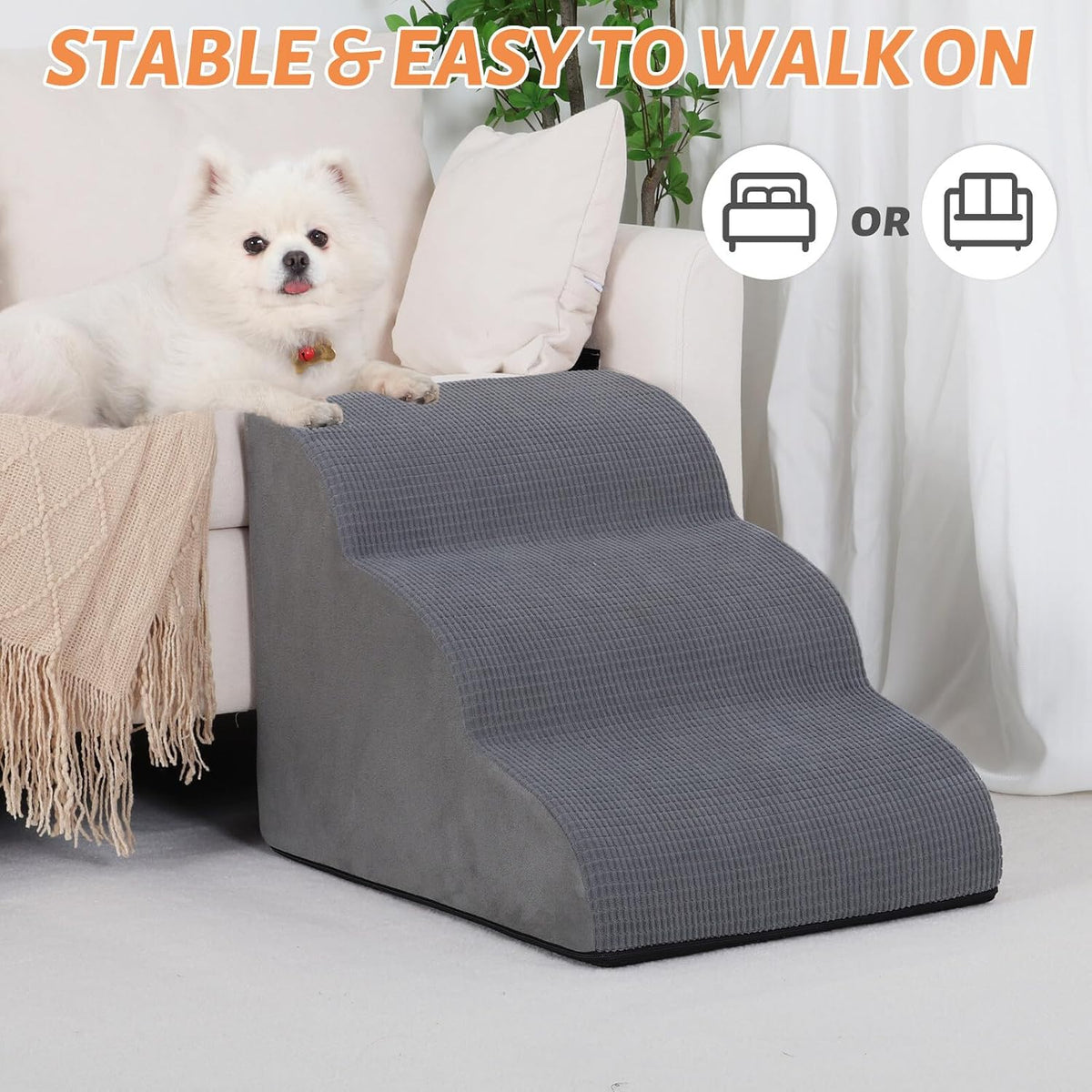 Aodisman 3-Step Pet Steps – Anti-Slip Corduroy Ramp for Small Dogs, Reduces Joint Strain