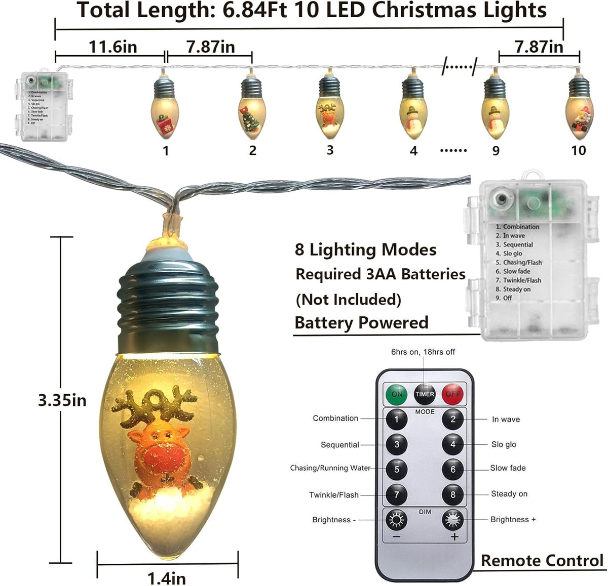 Aomike Christmas Snow Globe String Lights – Flameless Holiday Lighting Safe Around Kids and Pets, Shatterproof Battery LED 6.8ft