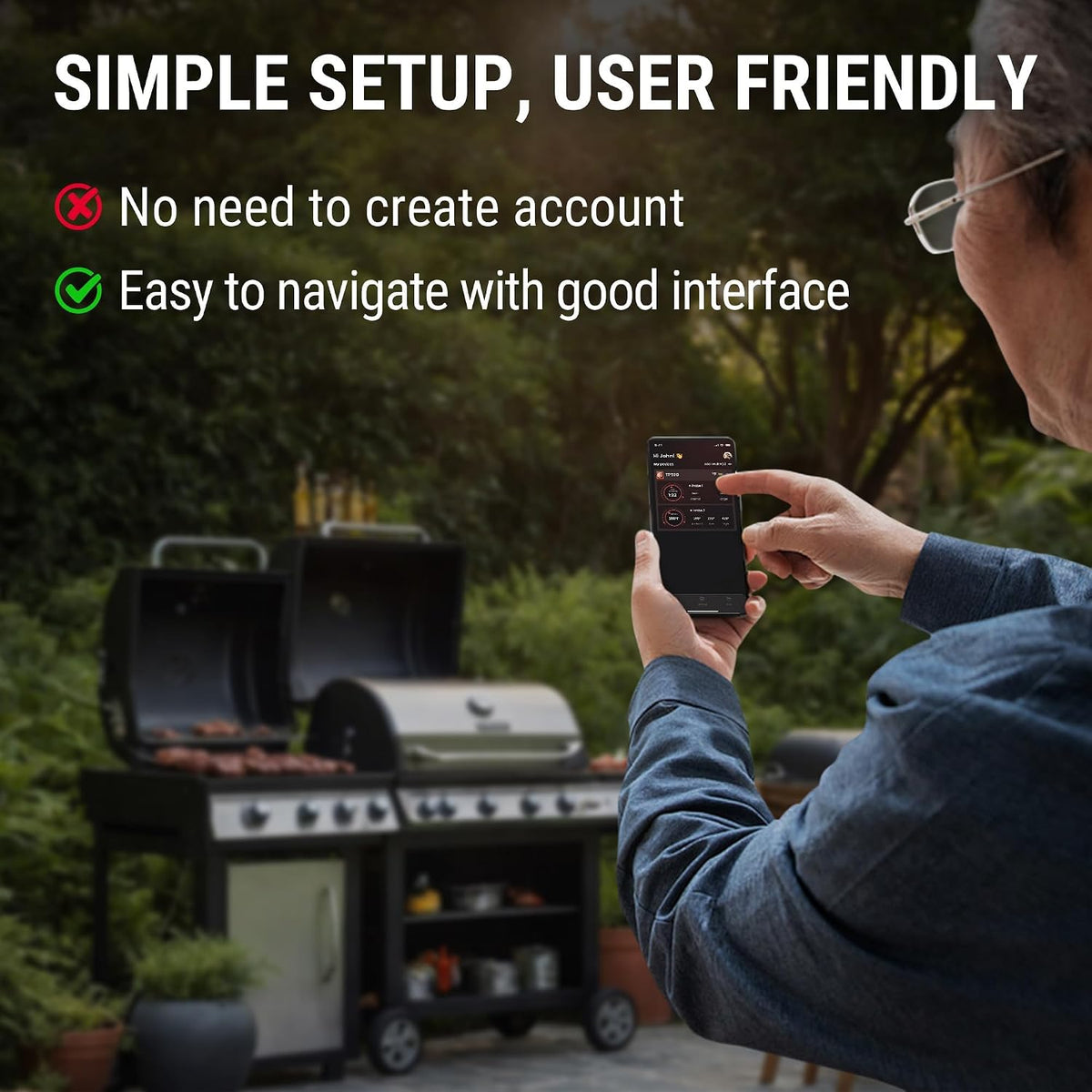 app-based custom target temperatures and pre-alarms with no wifi or account setup required