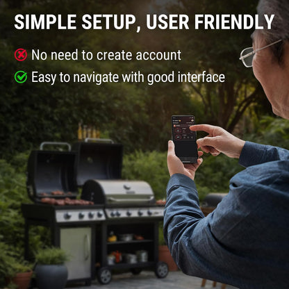 app-based custom target temperatures and pre-alarms with no wifi or account setup required