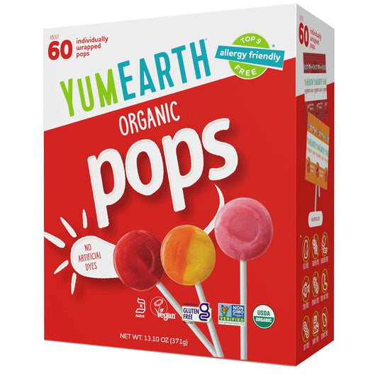 approximately 60 individually wrapped organic lollipops per box (with 14-count and 250-count size variants available)