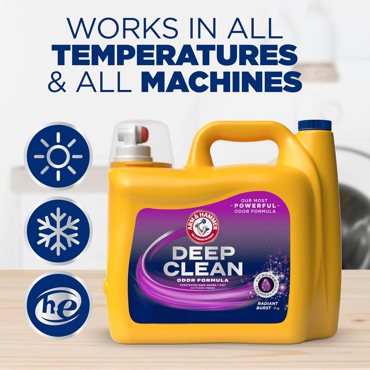 ARM & HAMMER Deep Clean Odor Formula Liquid Laundry Detergent, Radiant Burst Scent – Open-Air Laundry Solution for Sports Practice Uniforms and Outdoor Towels, 150 Fl Oz, 100 Loads