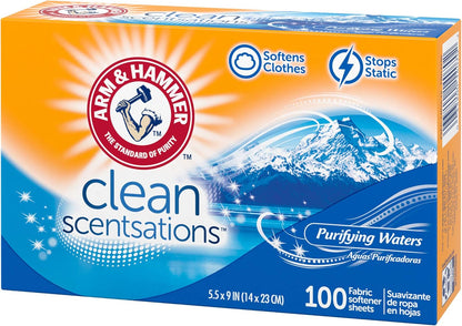 ARM & HAMMER Fabric Softener Sheets, 100 Sheets, Purifying Waters – Relaxing Aromatherapy Laundry Sheets