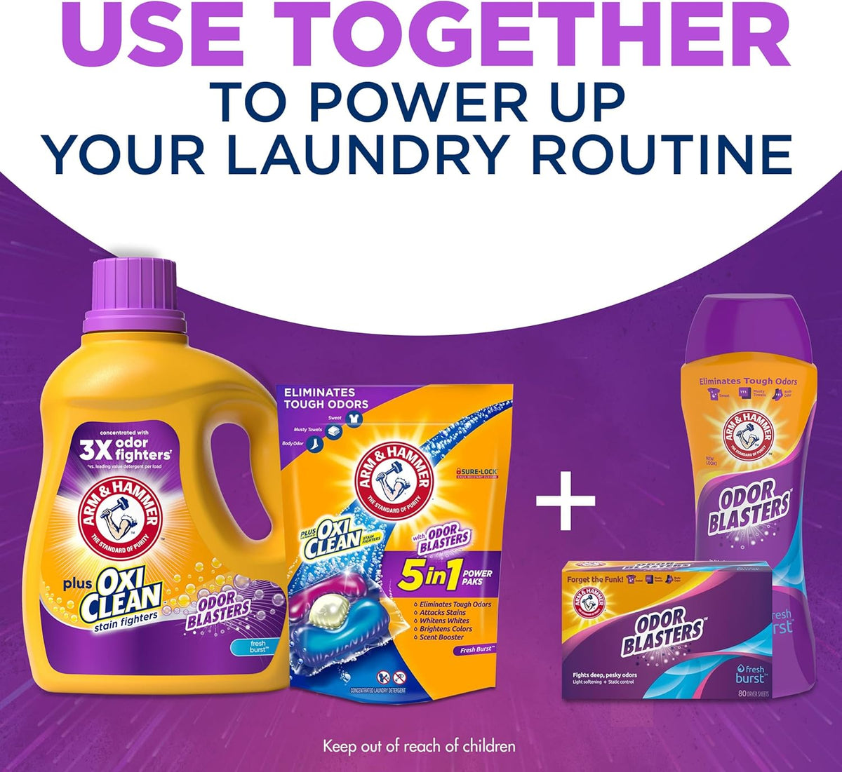 ARM & HAMMER Plus OxiClean Odor Blasters Laundry Detergent for Intentional Minimalist Household, 128 Loads Concentrated HE Liquid Replacing Multiple Products