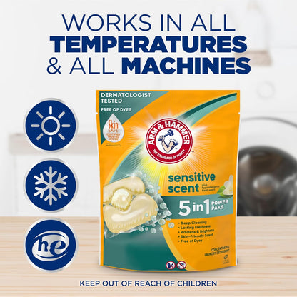 Arm & Hammer Power Paks for Sensitive Skin – Soothing Hypoallergenic Detergent for Allergy-Prone Adults' Everyday Wardrobe