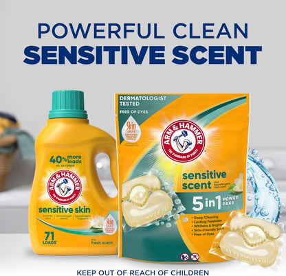 Arm & Hammer Power Paks for Sensitive Skin – Soothing Hypoallergenic Detergent for Allergy-Prone Adults' Everyday Wardrobe