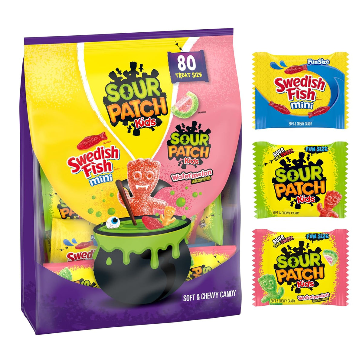 assorted fruit flavors spanning sour (sour patch kids) and sweet (swedish fish) profiles