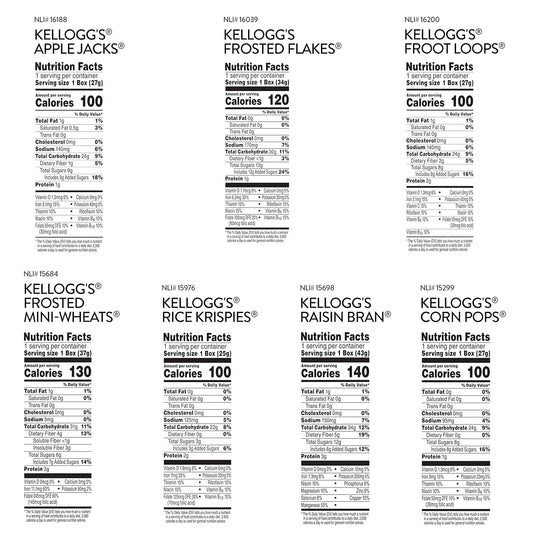 assortment of 7 kellogg's brands: raisin bran, froot loops, apple jacks, corn pops, frosted flakes, frosted mini-wheats, and rice krispies