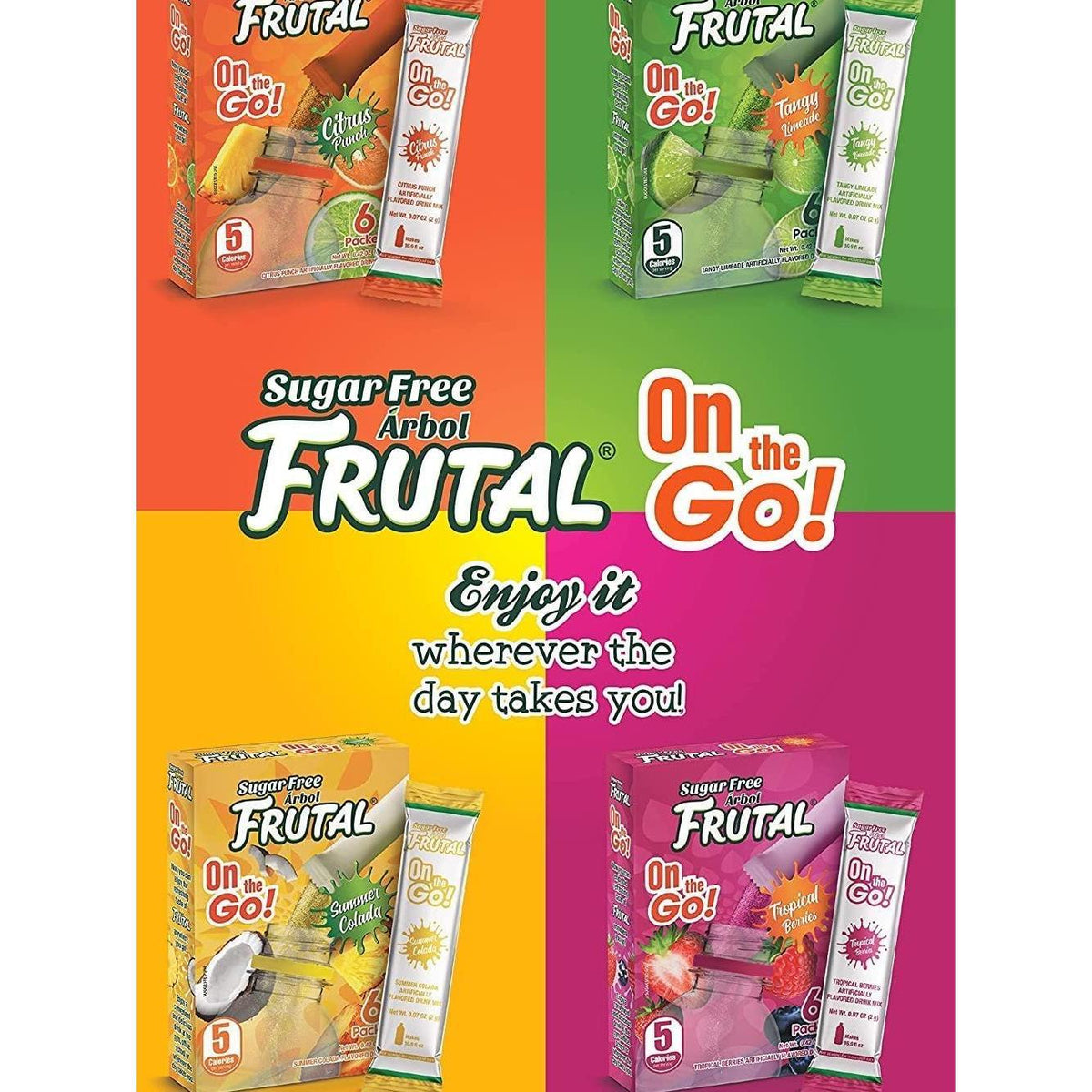available in 11 skus including the 4-flavor variety pack, a tropical variety pack, 8 single-flavor packs (pina colada, tangy limeade, citrus punch, tropical berries, mango peach, grape, green apple, strawberry kiwi), and a 12-count pina colada multi-pack